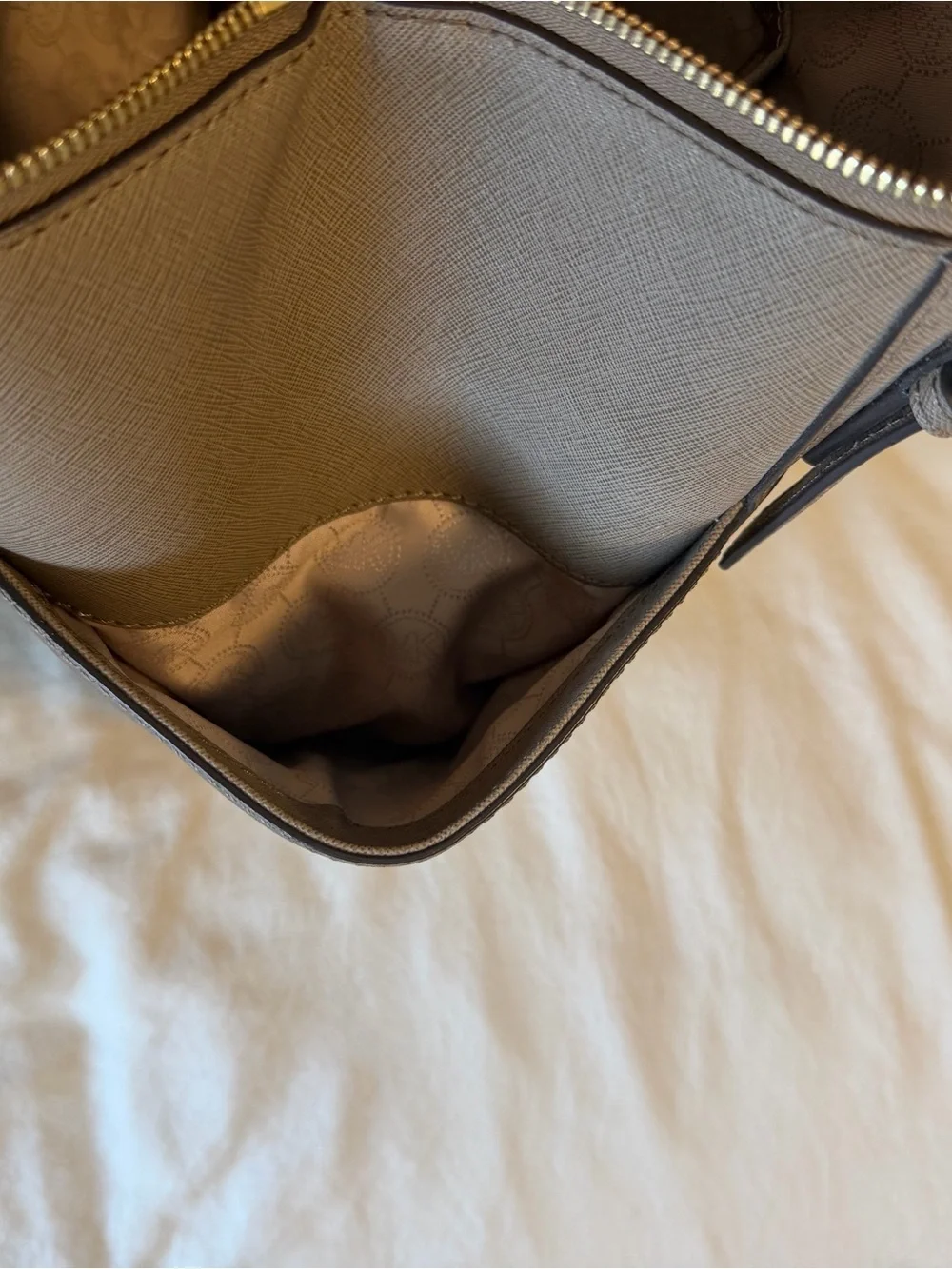 Michael Kors Taupe Saffiano Leather Tote with Gold Logo Charm